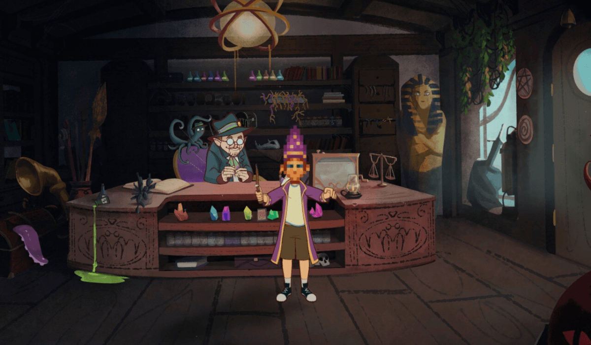 A hand-drawn animated scene depicting a magical shop with a small black tentacled creature operating a sleazy salesman puppet behind the counter. A boy in purple wizard robes stands in front of the counter with a pixel art head.