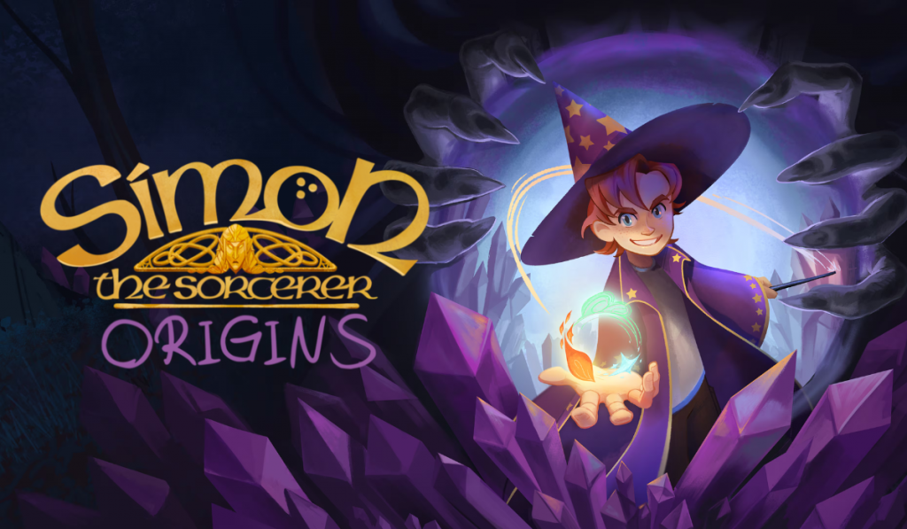 Key art for Simon the Sorcerer Origins featuring a boy in a purple wizard hat and robes wielding magic in one hand, standing behind a cluster of crystals