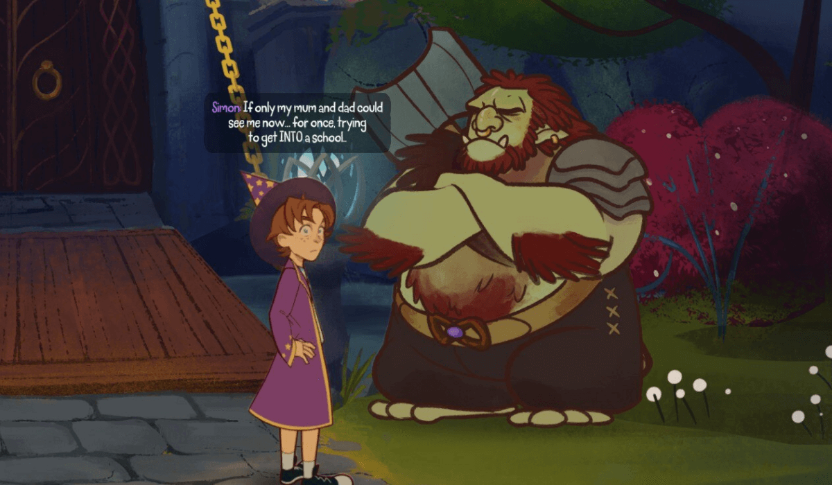 A hand-drawn fantasy scene depicting a boy in purple wizard robes talking to a troll with his arms folded. A speech bubble says "If only my mum and dad could see me now... for once, trying to get INTO school."