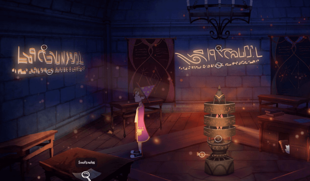 A hand-drawn scene depicting a magical classroom with a boy in purple wizard robes standing next to a glowing machine. The machine projects glowing writing onto the walls in an unknown language.
