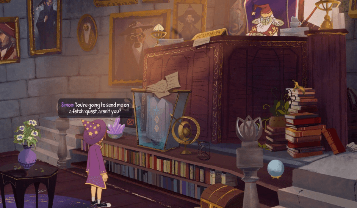 A hand-drawn scene depicting a boy in purple wizard robes looking up at a sleepy goblin in red robes napping behind a high desk. A speech bubble says "You're going to send me on a fetch-quest, aren't you?"