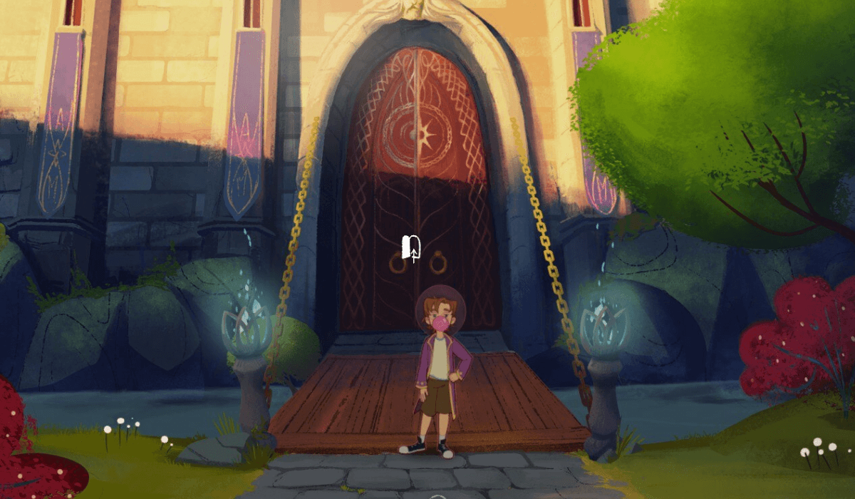 A hand-drawn scene depicting a boy in purple wizard robes blowing bubblegum in front of a magical castle drawbridge.