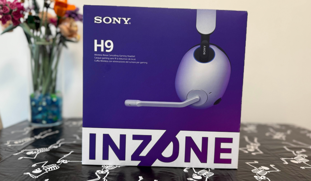 image of the sony inzone H9 headset in its box on a table