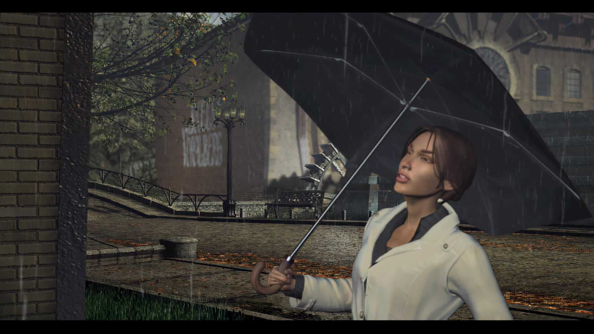 A woman in a white coat holds an umbrella in the rain, looking calm. She's surrounded by bare trees and a mural-covered brick building behind her.