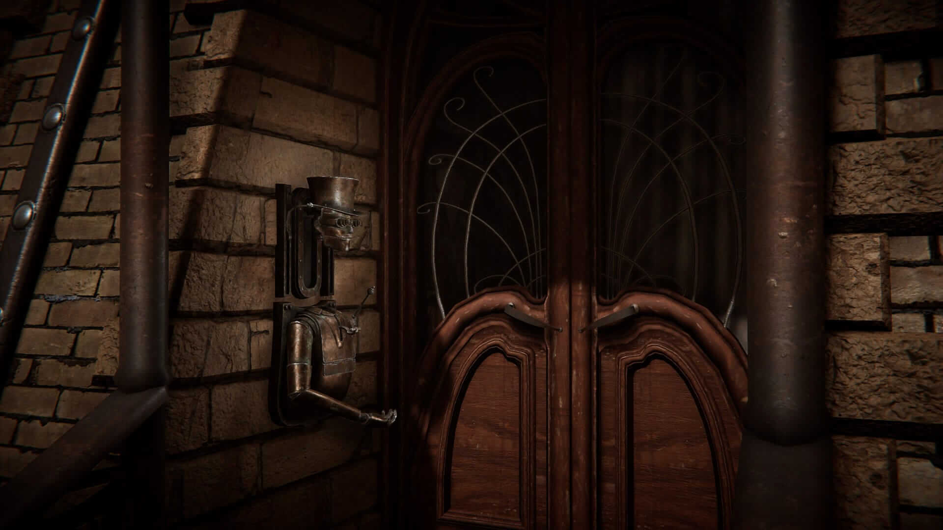 Wooden doors with ornate metal design, flanked by brick walls. A vintage, metallic, robotic figure is mounted on the left wall.