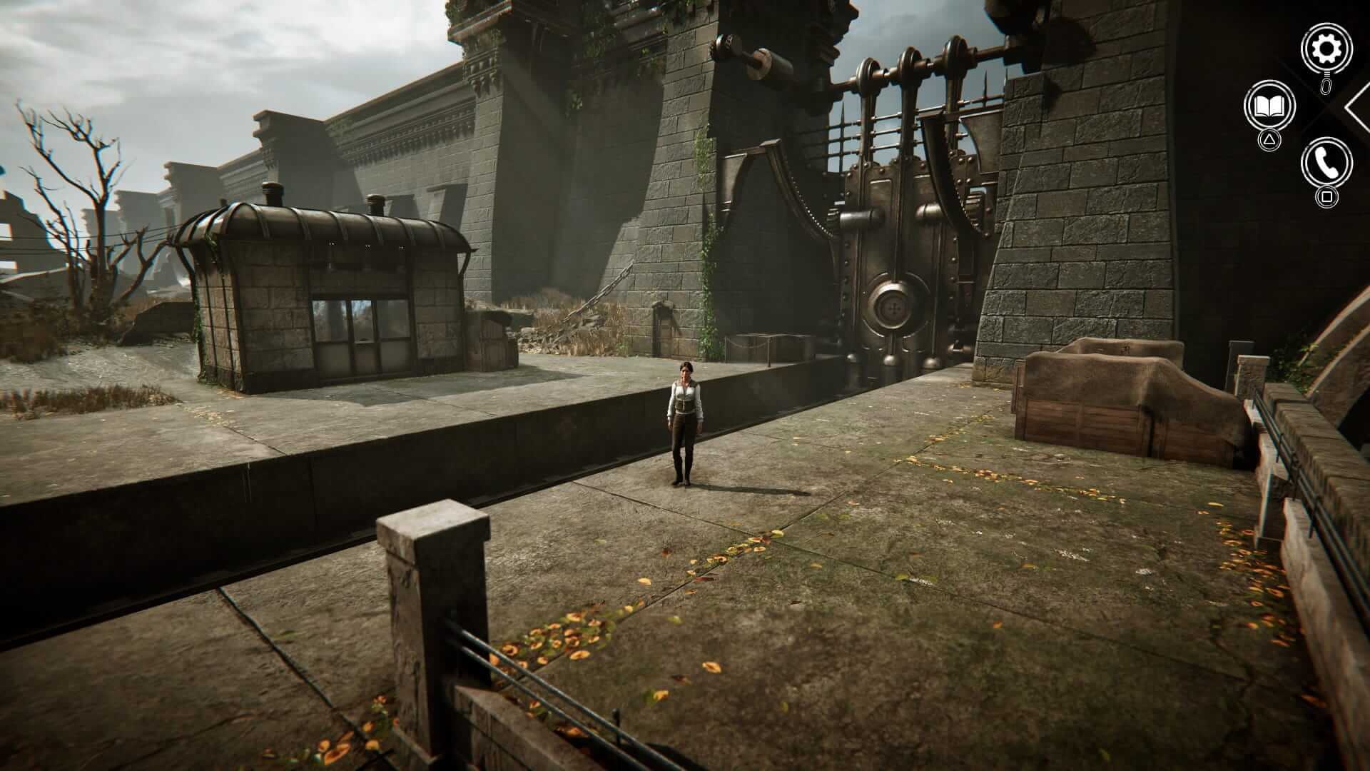 A lone figure stands on a stone platform surrounded by imposing, industrial buildings.