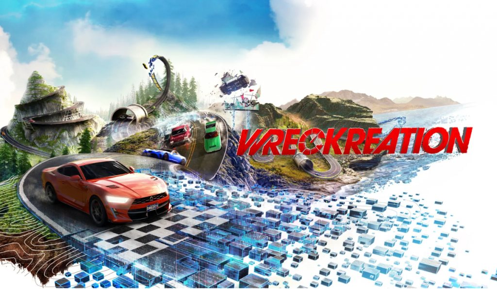A vibrant digital landscape featuring an orange sports car on a winding track, surrounded by colourful race cars and abstract elements, labelled "Wreckreation."
