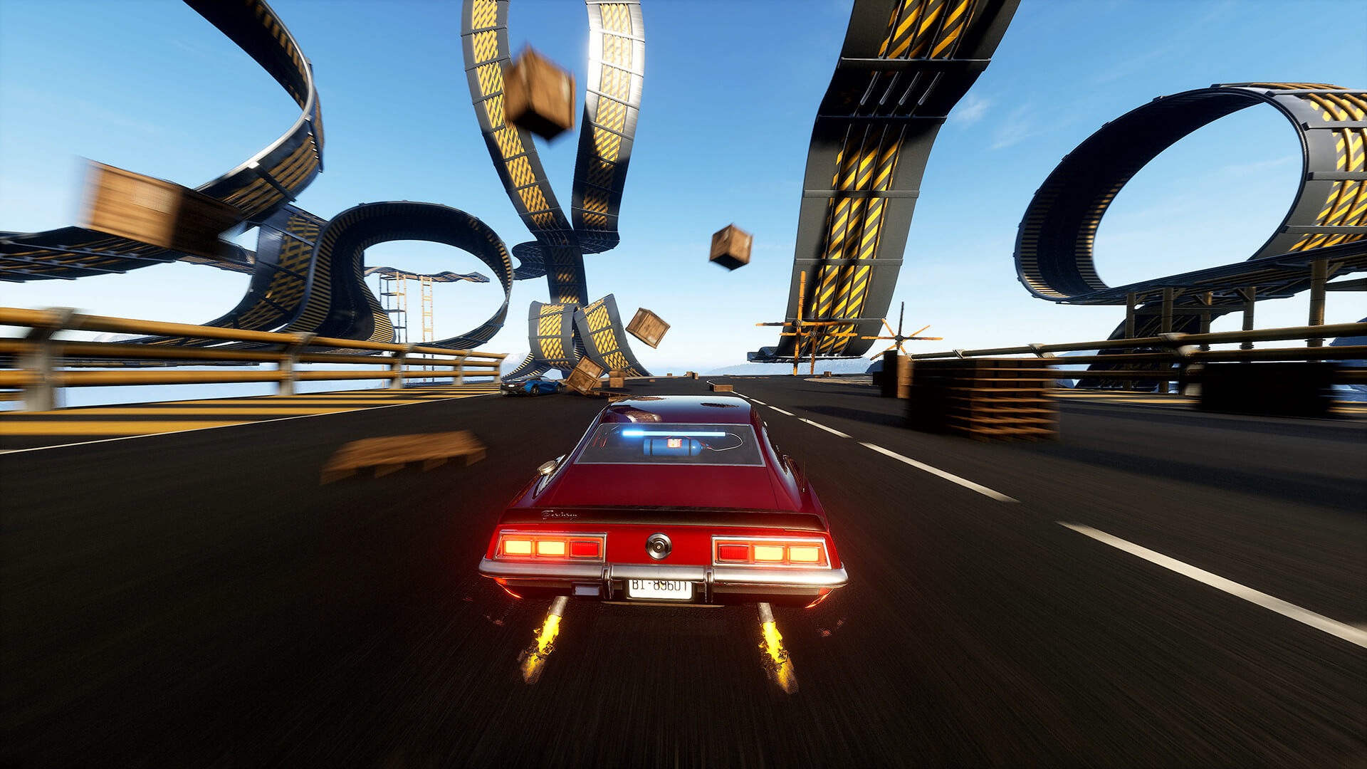 A rec muscle car driving across a racetrack in the sky. in the distance, loops, twists, and turns can all be seen awaiting the player.