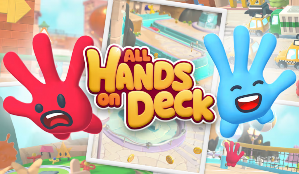 Promotional image for All Hands On Deck. Game logo and 2 player characters - a red hand and a blue hand - appear on a blurred city background.