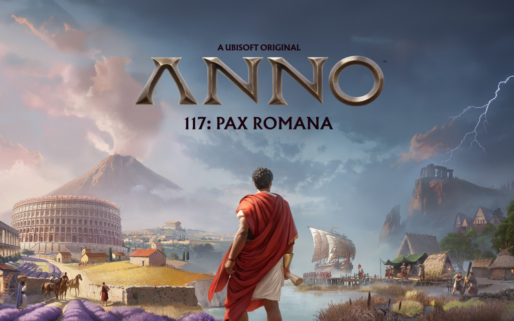 A Roman figure in a red toga overlooks a landscape with a coliseum, volcano, ships, and ancient ruins, under a dramatic sky. The words ANNO 117: Pax Romana appear central towards the top of the image.
