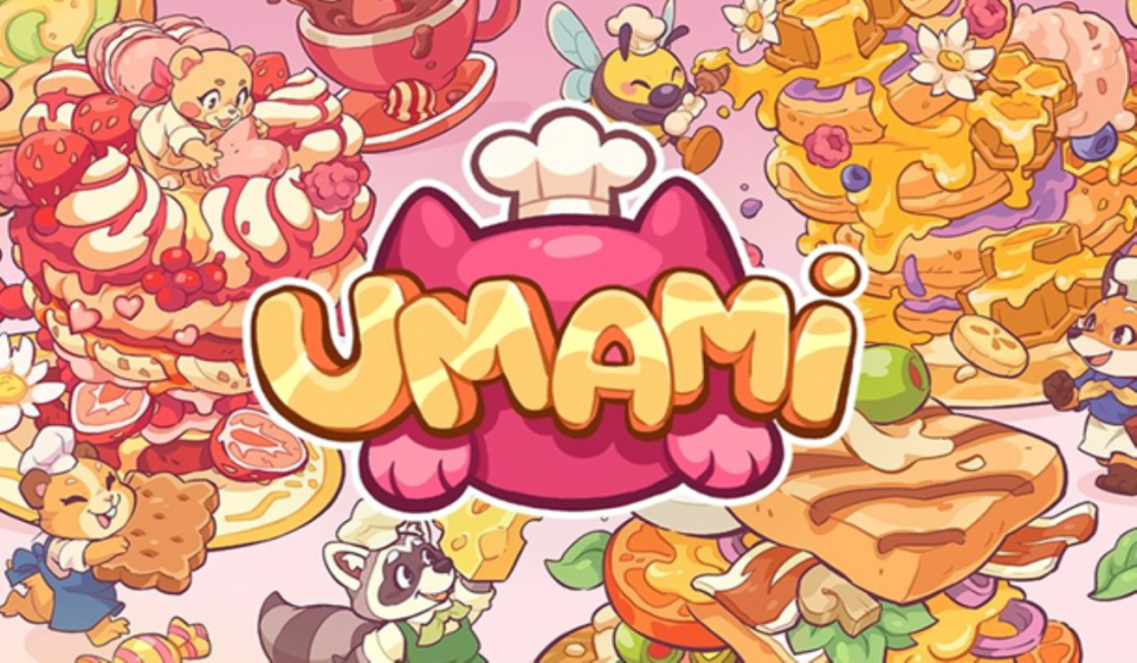 The background of the image shows various different anthropomorphic animals preparing various giants stacks of food, such as pancakes and sandwiches. The foreground is a pink cat head wearing a chefs head, with the text UMAMI infront of it.