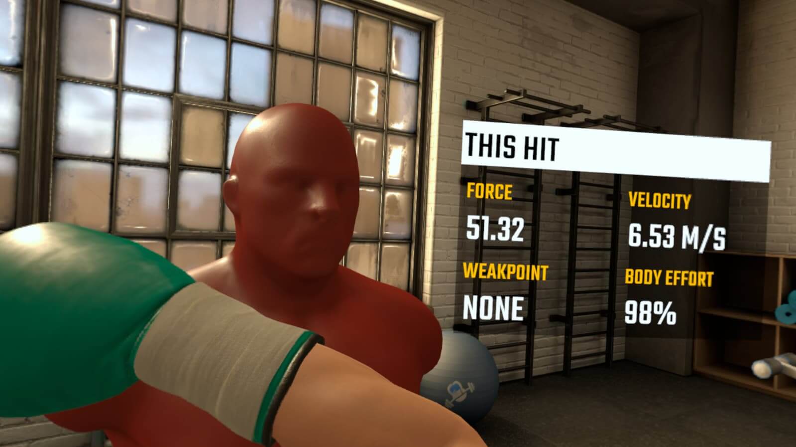 Boxing dummy being caught by a right hook. Display showing the strike landed with a force of 51.32 and 98% body effort.