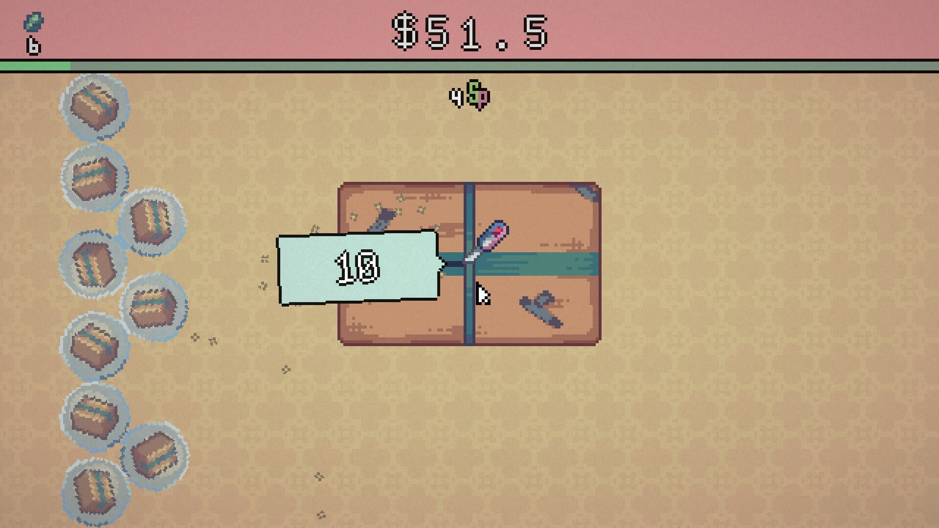 A beige parcel with blue cable tie. A large mint coloured box with the number ten inside. To the left are several bubbles with smaller parcels. 