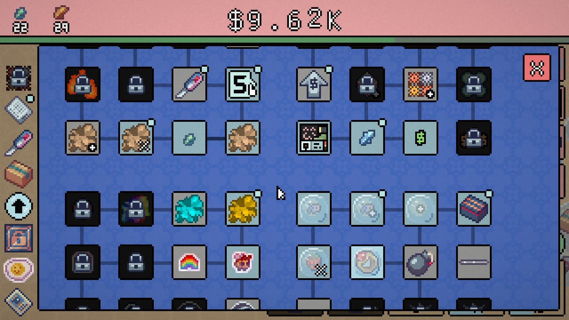 Several small boxes with various symbols. Each one represents an upgrade. Some are grey, blue, and black. To the left are more symbols for different tabs.