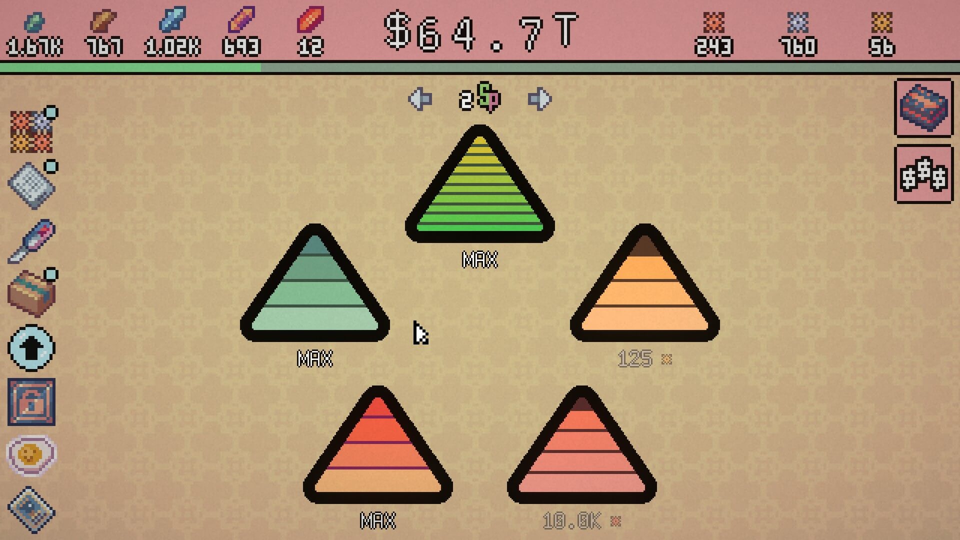 Five triangles with different colours and levels. Two of them have a number for an item they need to obtain. 