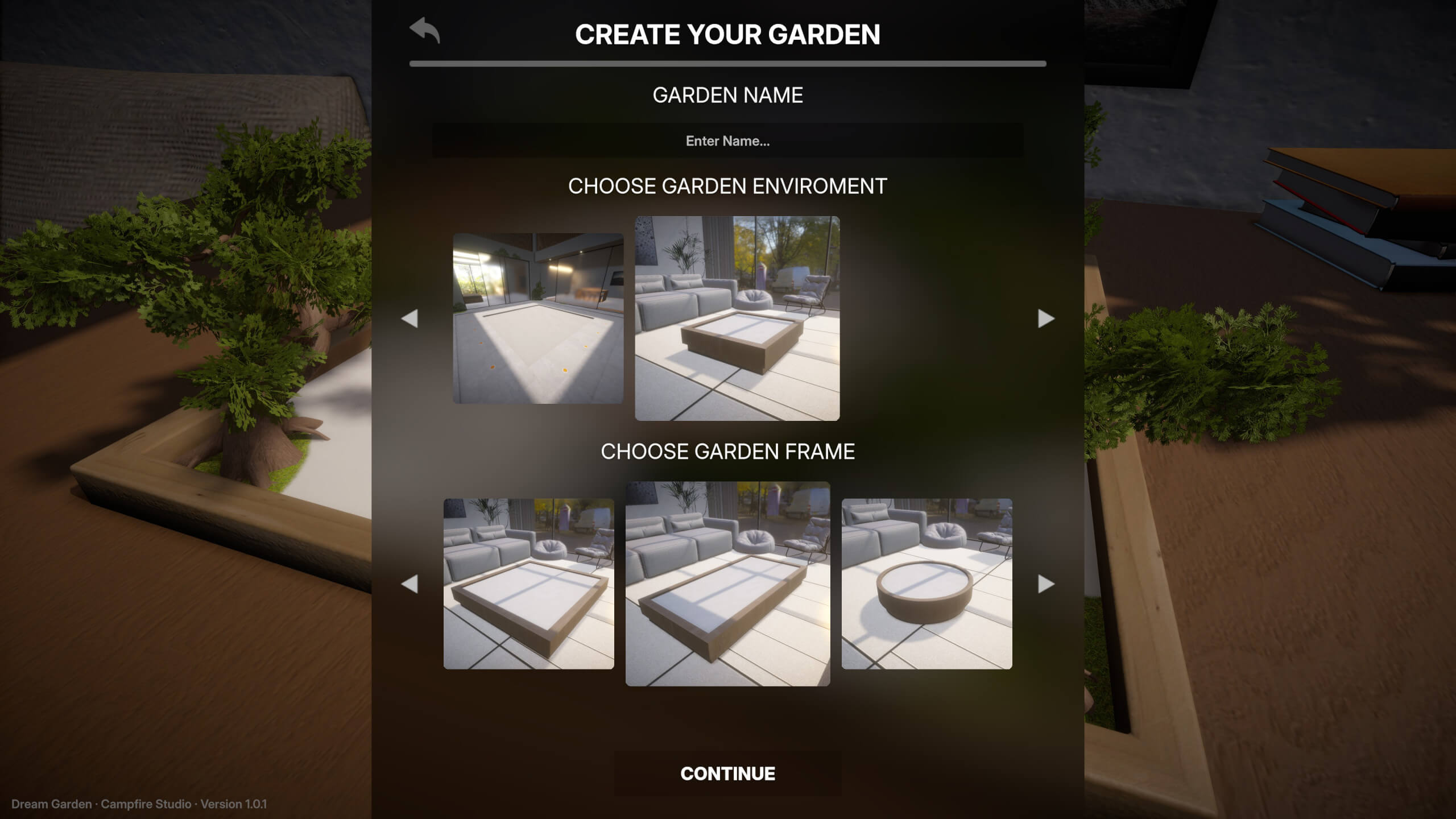 Interface for a virtual garden creation tool, featuring options for garden name, environment, and frame selections.