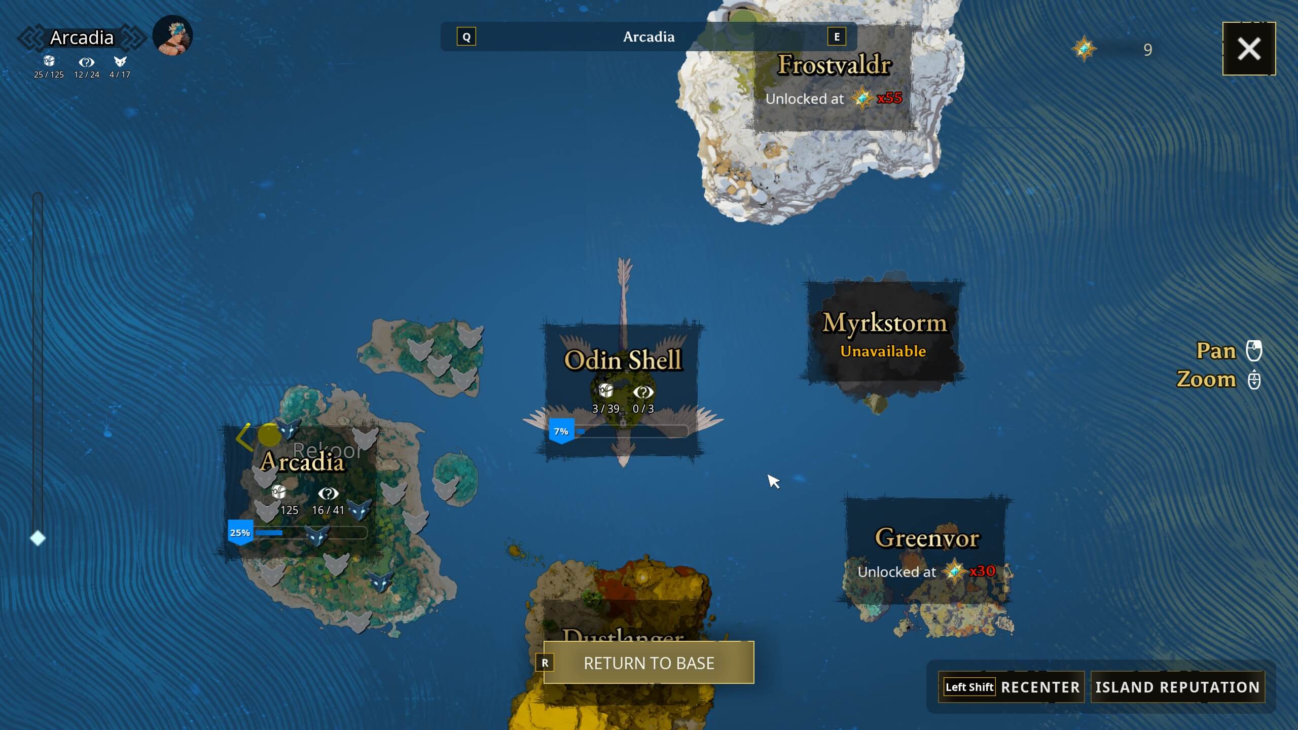 Map of Arcadia displaying various regions including Odin Shell, Frostvaldr, Myrkstorm, and Greenvor, with navigation options.