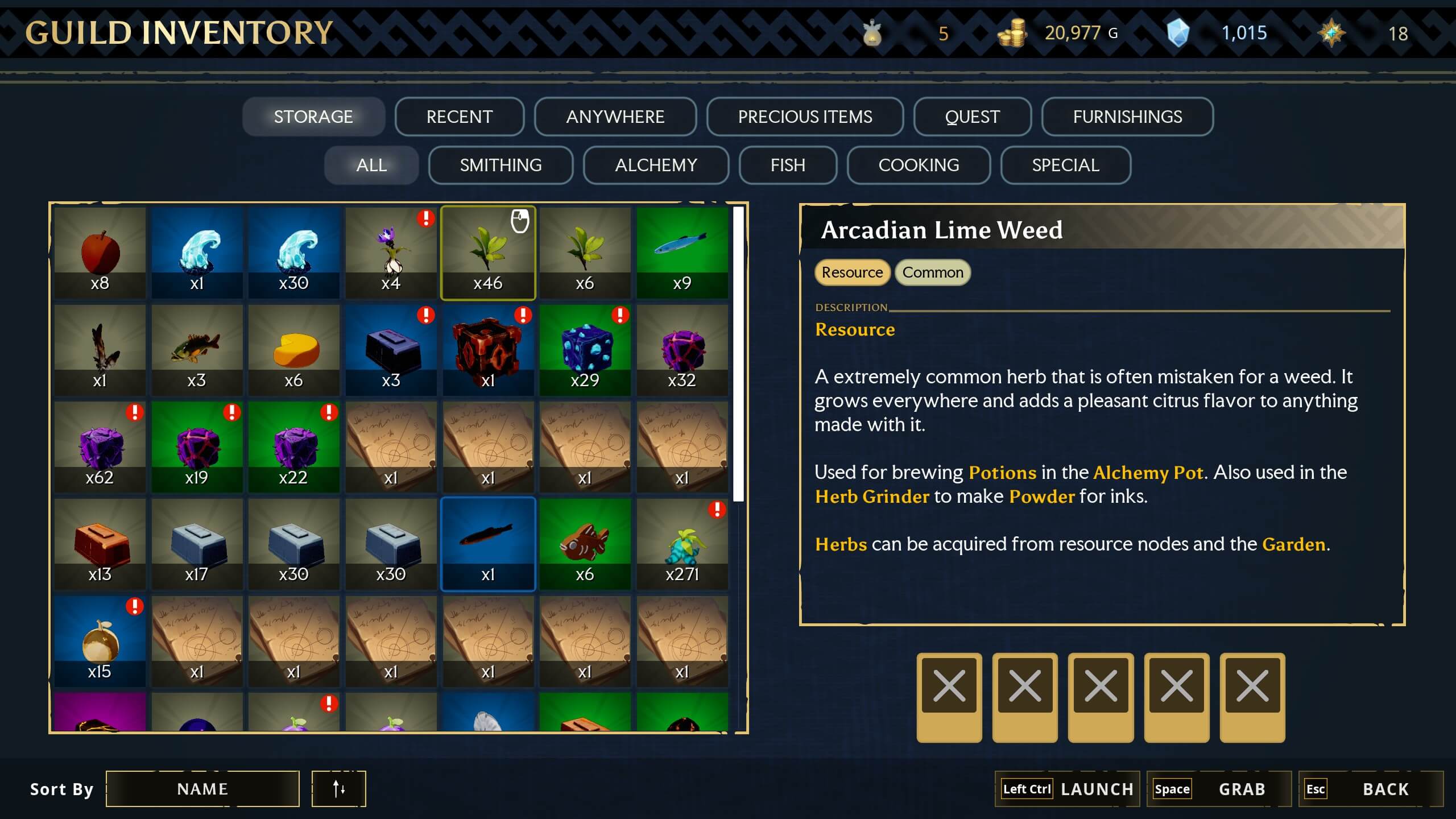 Screenshot of a game inventory screen showing various resources, prominently featuring Arcadian Lime Weed with a description and usage details.