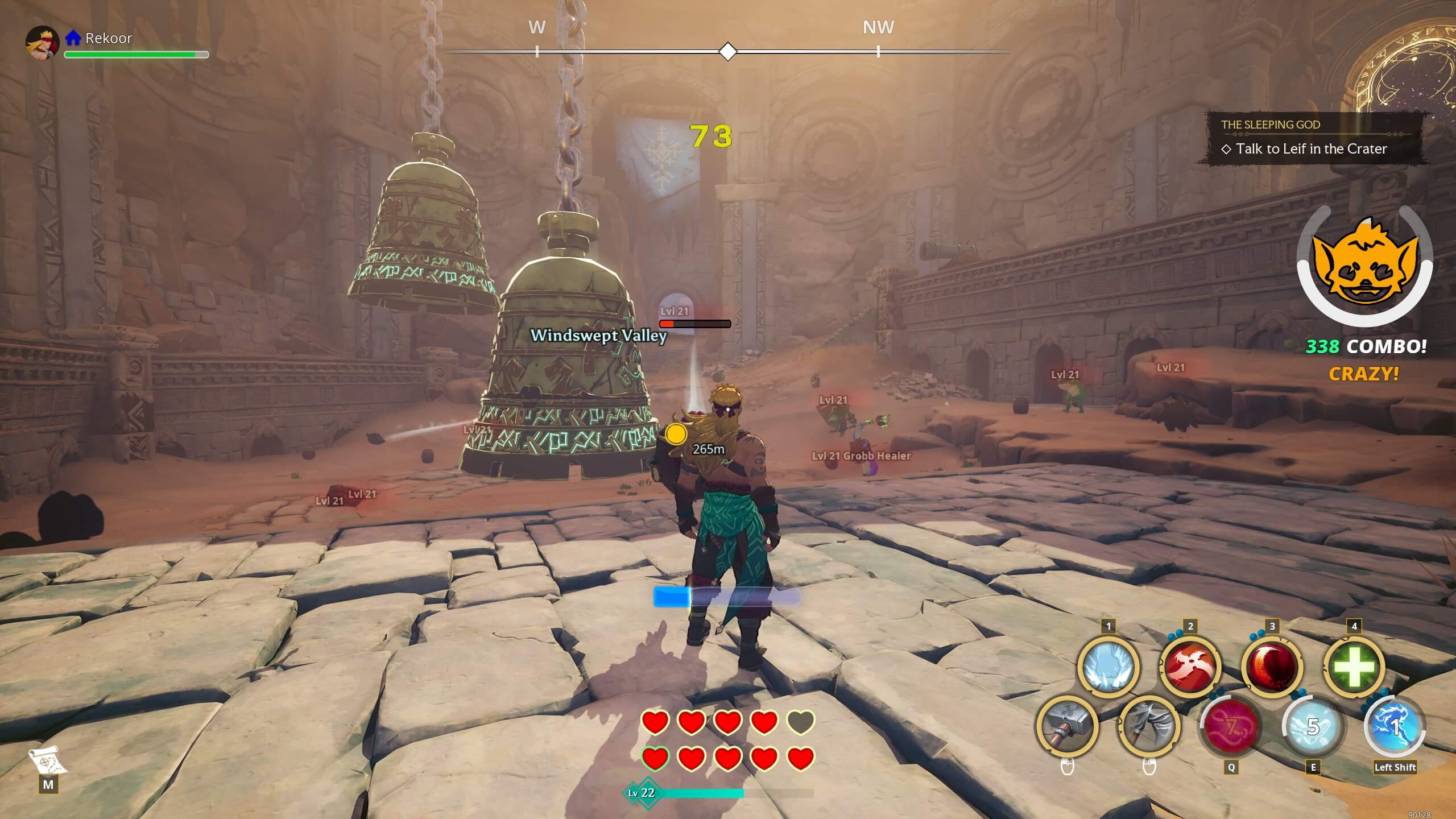 A character named Rekoor stands in Windswept Valley, facing green enemies and swinging two large bells, with a high combo displayed above.