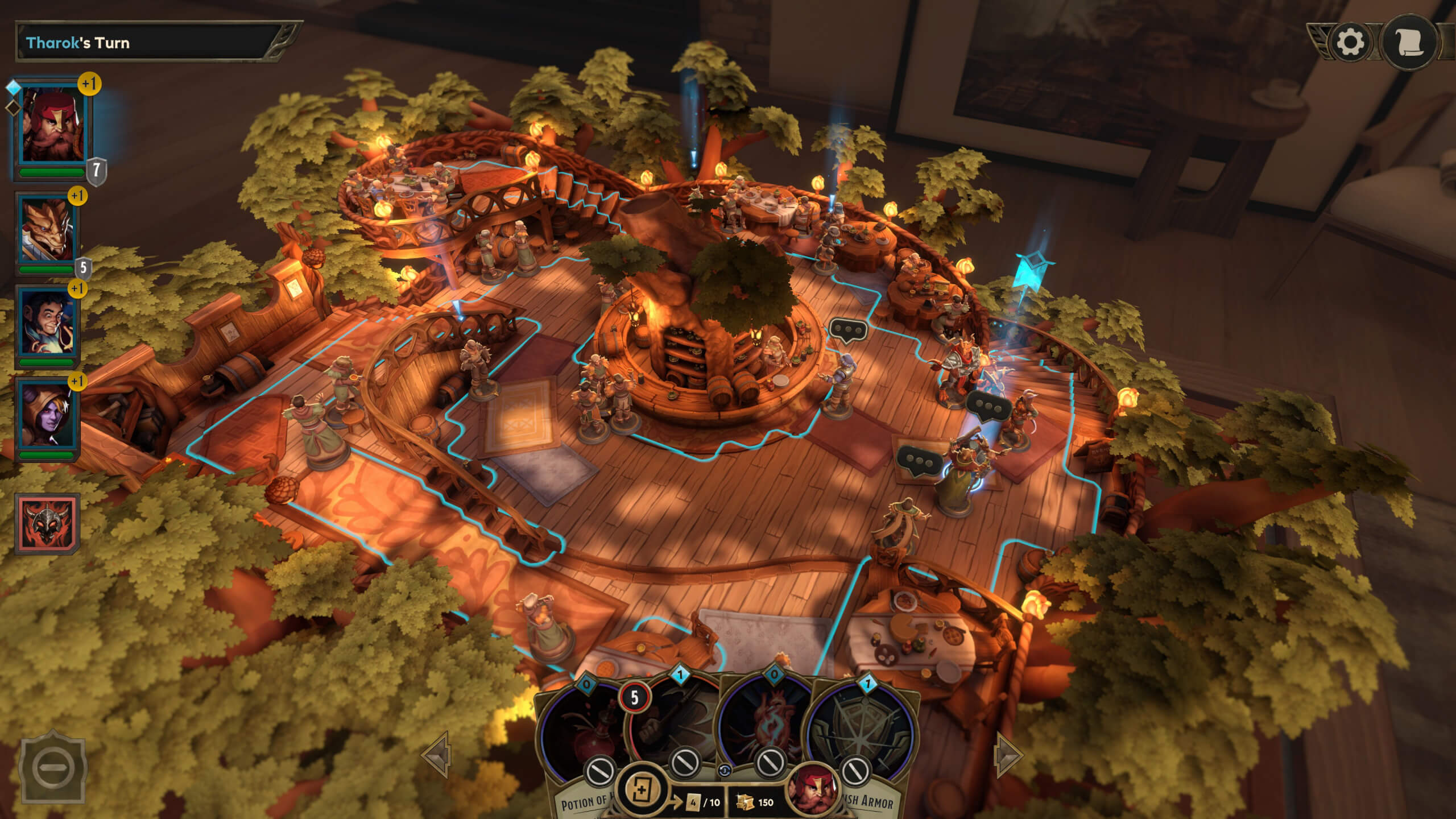 A vibrant tabletop game scene featuring a wooden board surrounded by trees, miniatures, and glowing elements, with a character's turn displayed.
