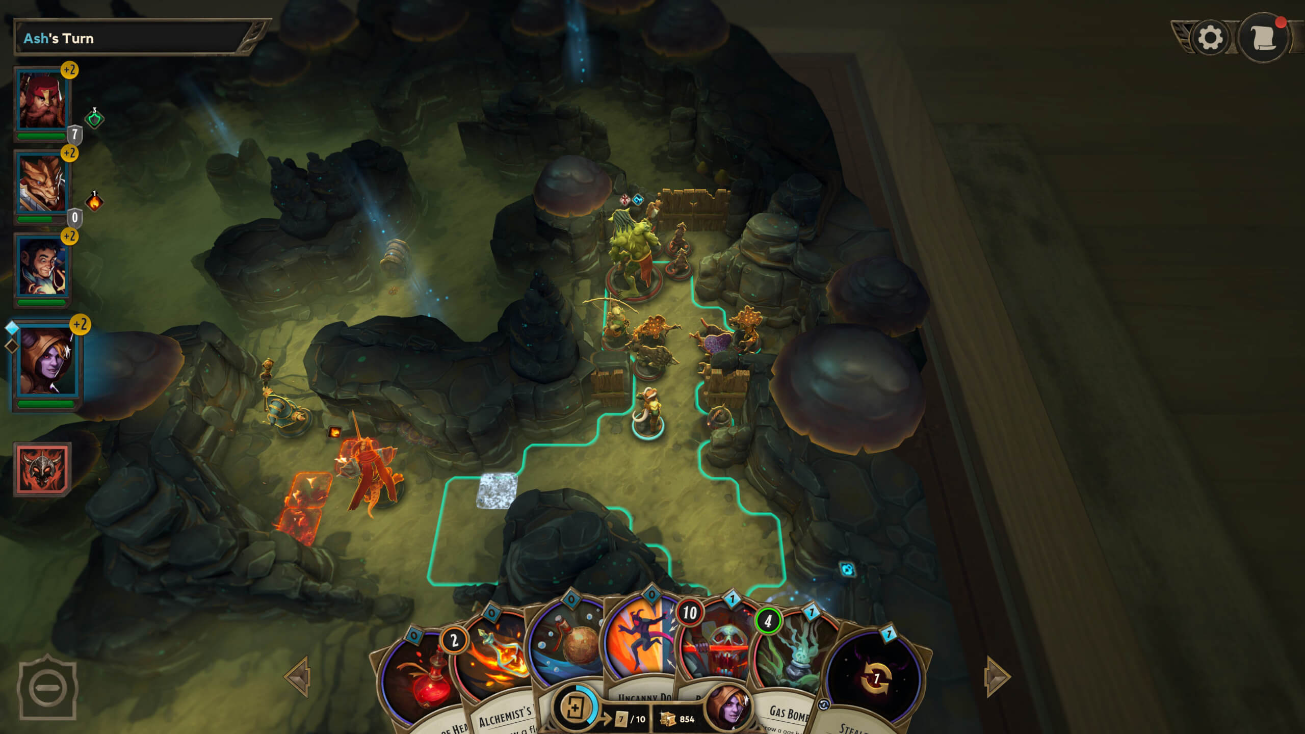 A tabletop game scene featuring colorful characters navigating a rocky dungeon, with cards displayed at the bottom for actions and spells.