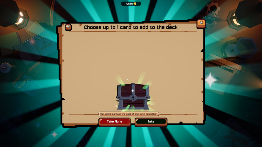 Game interface prompting to choose one card to add to the deck, with options to "Take None" or "Take". Background beams of light.