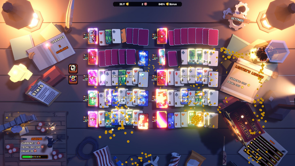 An overhead view of a colorful card game setup with glowing cards, stats sheet, and a ledger amidst scattered coins and game items.
