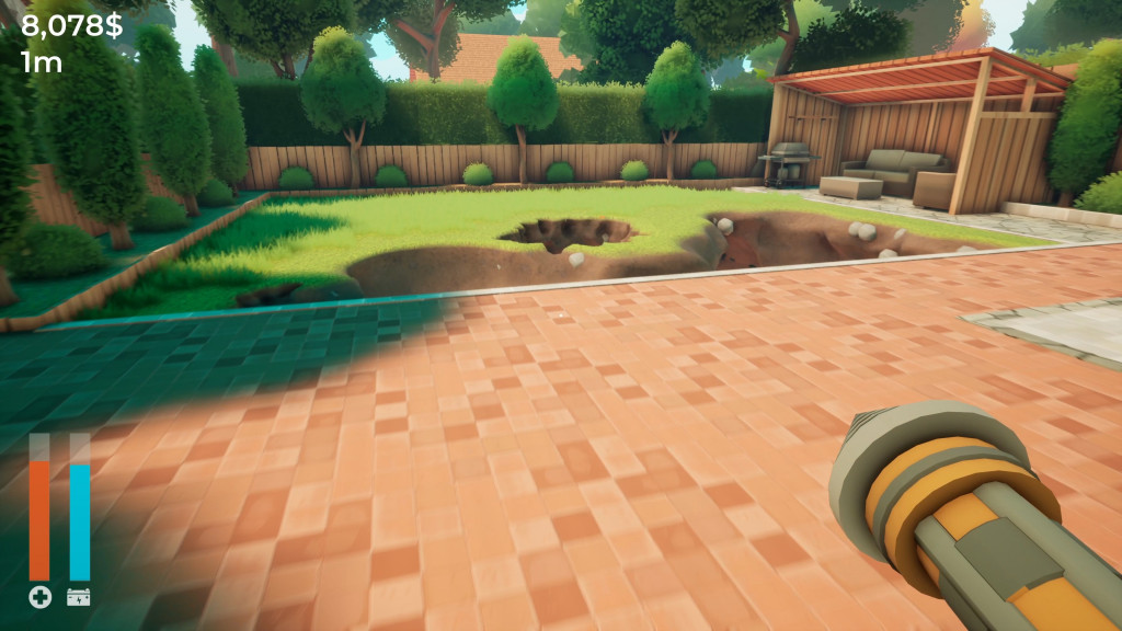 The player stands in their garden, looking at a large hole dug in the grass.