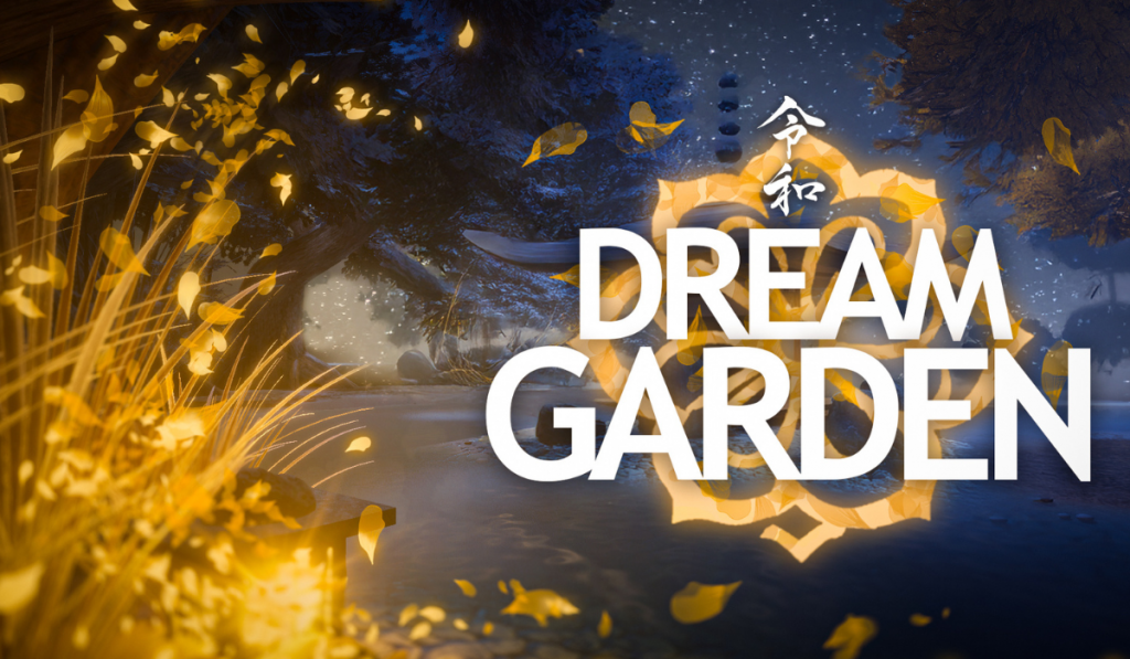 A serene, illuminated path in a dreamlike garden, adorned with golden leaves, featuring the title "DREAM GARDEN" prominently displayed.