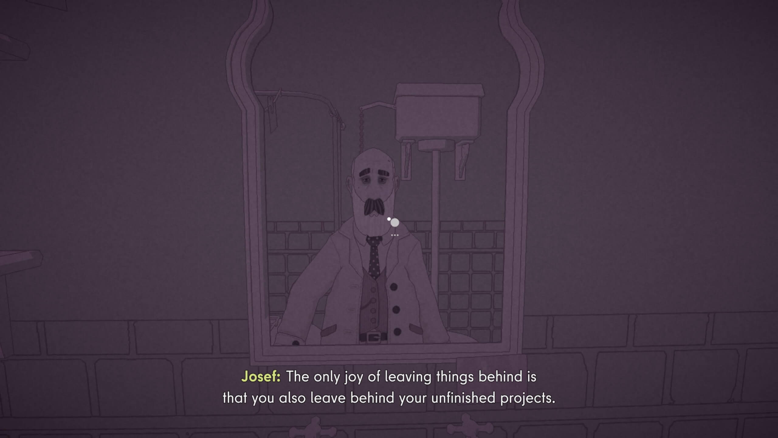 A dimly lit room featuring a mirror and a sink, with a character in a coat and tie reflecting on unfinished projects.
