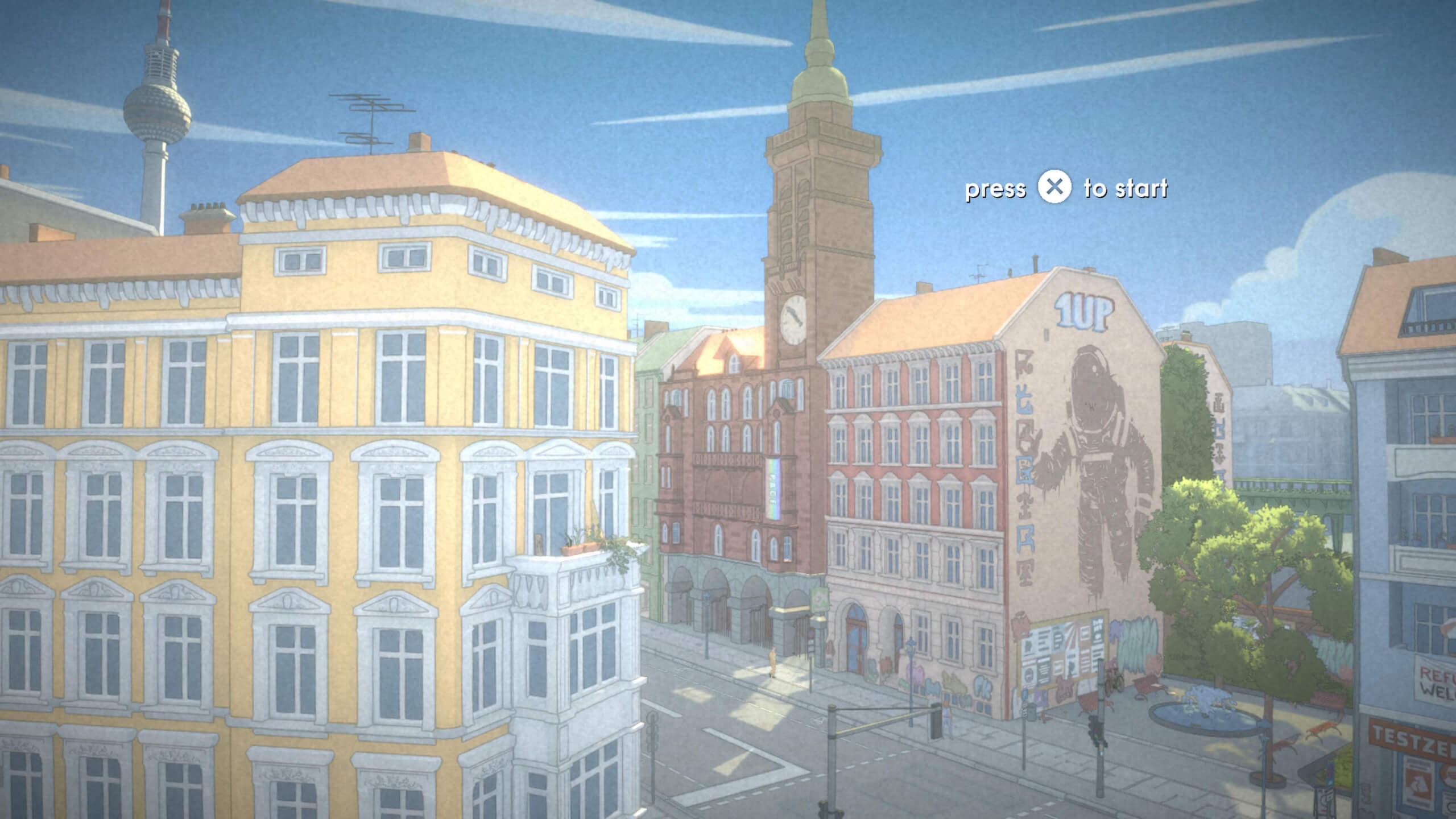 Stylized cityscape featuring colorful buildings, a prominent clock tower, and a mural of an astronaut with a "1UP" graphic.