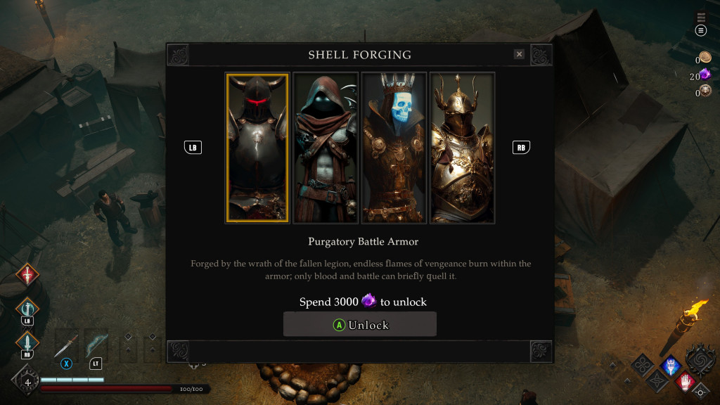 Screenshot from Netherworld Covenant showing the “SHELL FORGING” upgrade menu. Four armour sets are displayed side by side. The first, highlighted, is titled “Purgatory Battle Armor,” shown as a heavy suit with a slit‑like visor and glowing red eyes within the helm, jagged shoulder plates, and dark plating across the body. The second armour set is robe‑like, with fabric draping over the shoulders and torso, the abdomen exposed, and what appears to be a weapon or gun held across the front. The third armour set combines armour with a high, turned‑up collar reminiscent of a highwayman’s coat, intricate gold detailing across the chest and shoulders, and a face that is a glowing skull crowned with a regal, spiked crown, giving a steampunk king‑like appearance. The fourth armour set is ornate, with layered plating, decorative trim along the shoulders, and a tall crest rising from the helm, evoking ceremonial or elite status.Below the highlighted armour, the on‑screen description reads: “Forged by the wrath of the fallen legion, endless flames of vengeance burn within the armour; only blood and battle can briefly quell it.” Beneath the description, text states “Spend 3000” followed by a purple crystal icon to unlock. A green button labelled “A Unlock” appears below, indicating the input to confirm. Other visible UI elements include category cards for each armour, highlight frames around the selected set, and standard menu styling consistent with the game’s interface.