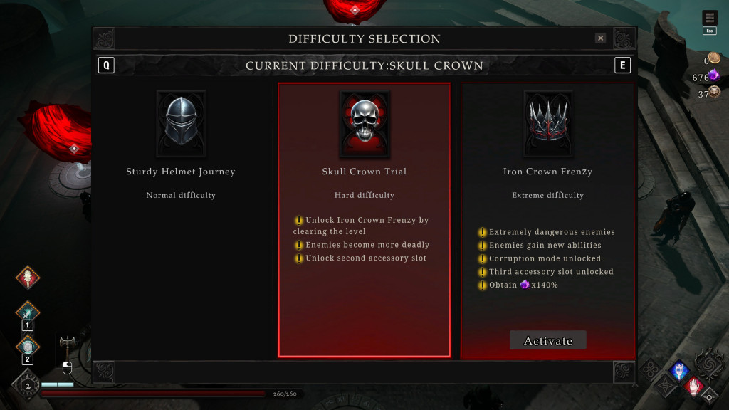Screenshot from Netherworld Covenant showing a “Difficulty Selection” menu with three options. The currently selected option is “Skull Crown Trial,” marked as Hard difficulty, with notes stating “Unlock Iron Crown Frenzy by clearing the level,” “Enemies become more deadly,” and “Unlock second accessory slot.” The first option, “Sturdy Helmet Journey,” is Normal difficulty. The third option, “Iron Crown Frenzy,” is Extreme difficulty, with notes including “Extremely dangerous enemies,” “Enemies gain new abilities,” “Corruption mode unlocked,” “Third accessory slot unlocked,” and “Obtain 🟣 x140%.”