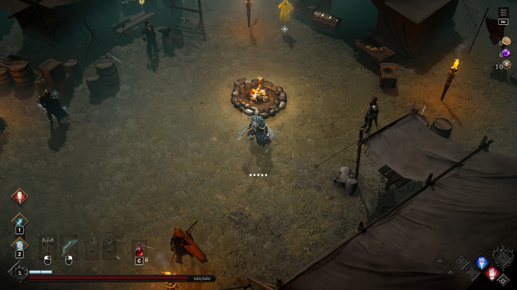 Screenshot from Netherworld Covenant showing a dimly lit camp or village scene. A central campfire encircled by stones glows in the middle of the area, with a character in armour standing nearby. Other non-player characters are positioned around the camp, some near barrels and crates, others beside tents and torches, with the environment suggesting night-time or an underground setting. On-screen user interface elements are visible: the bottom left corner displays the player’s health bar reading “260/260” alongside ability icons, the bottom right corner shows additional abilities or spells, the top right corner lists inventory resources with “0 gold coins”, “6 purple crystals”, and “10 silver coins”, and the word “Esc” appears at the top of the screen indicating the menu shortcut.