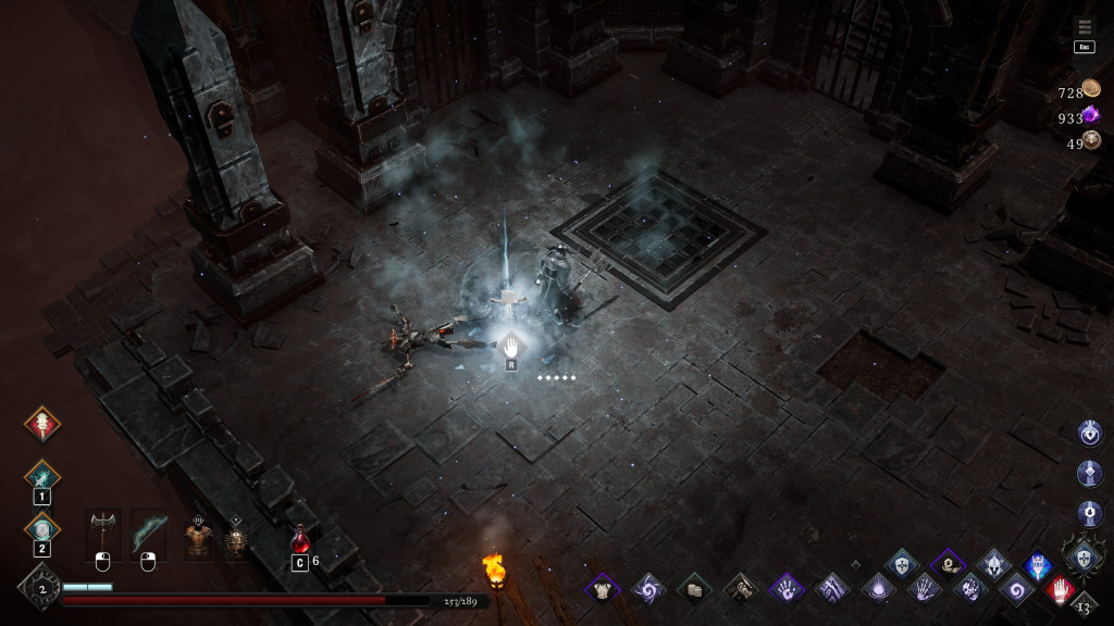 Screenshot from Netherworld Covenant showing a dark dungeon environment with stone flooring, pillars, and a metal grate. The player character stands near a glowing quarter of a sword floating, surrounded by mist or magical effects. To the side, a skeletal enemy wearing Viking-style armour is collapsed face down on the stone floor, motionless. The interface displays health, mana, inventory, abilities, and currency. The health bar at the bottom centre reads “253/289 HP.” The bottom left corner shows equipped items and abilities, while the bottom right corner displays active skills or spells. The top right corner lists currencies: “728 gold coins,” “933 purple crystals,” and “49 silver coins.”
