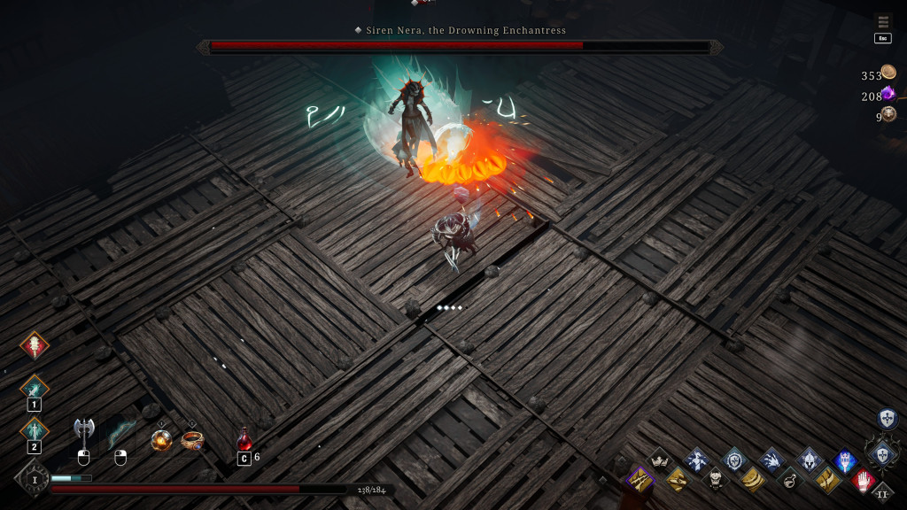 Screenshot from Netherworld Covenant showing a battle scene on a wooden platform made of planks arranged in a grid. The player character, clad in armour and wielding a weapon, is fighting a boss enemy named “Siren Nera, the Drowning Enchantress.” Siren Nera is depicted as a tall, spectral figure with pale, water‑worn skin, and tattered garments resembling seaweed, and fishnets. Glowing magical effects surround her, with swirling blue currents and bursts of orange energy illuminating the scene. Upon the top of the screen, a red health bar shows Siren Nera’s remaining health. On the right side, the interface displays player resources: “353 gold coins,” “208 purple crystals,” and “9 items.” At the bottom, the player’s health bar reads “238/284,” alongside ability icons and consumable items, including a red potion with a quantity of 6.