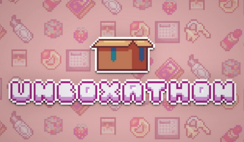 An open box above the words Unboxathon in lilac coloured text. Behind it are several items that are found in the game being lightly covered by a pink filter.