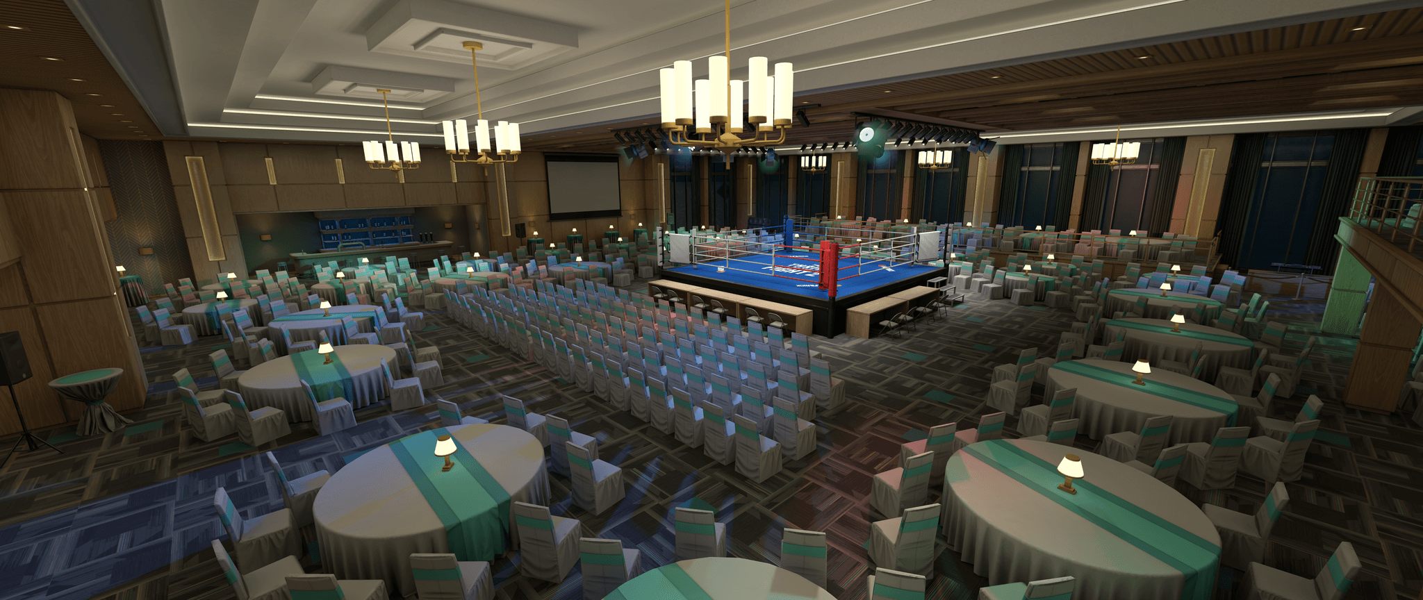Hotel conference room set out with boxing ring centrally with many empty chairs facing it.