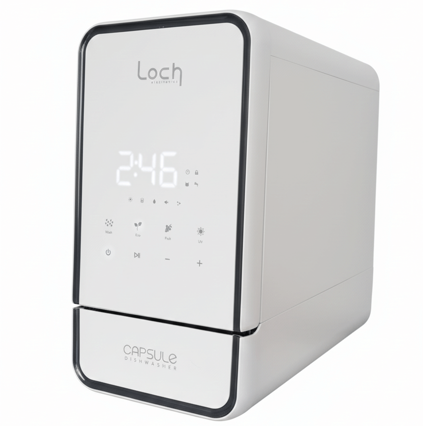 A compact, modern white dishwasher with a digital display showing time and icons for various wash settings, labeled "Capsule Dishwasher."