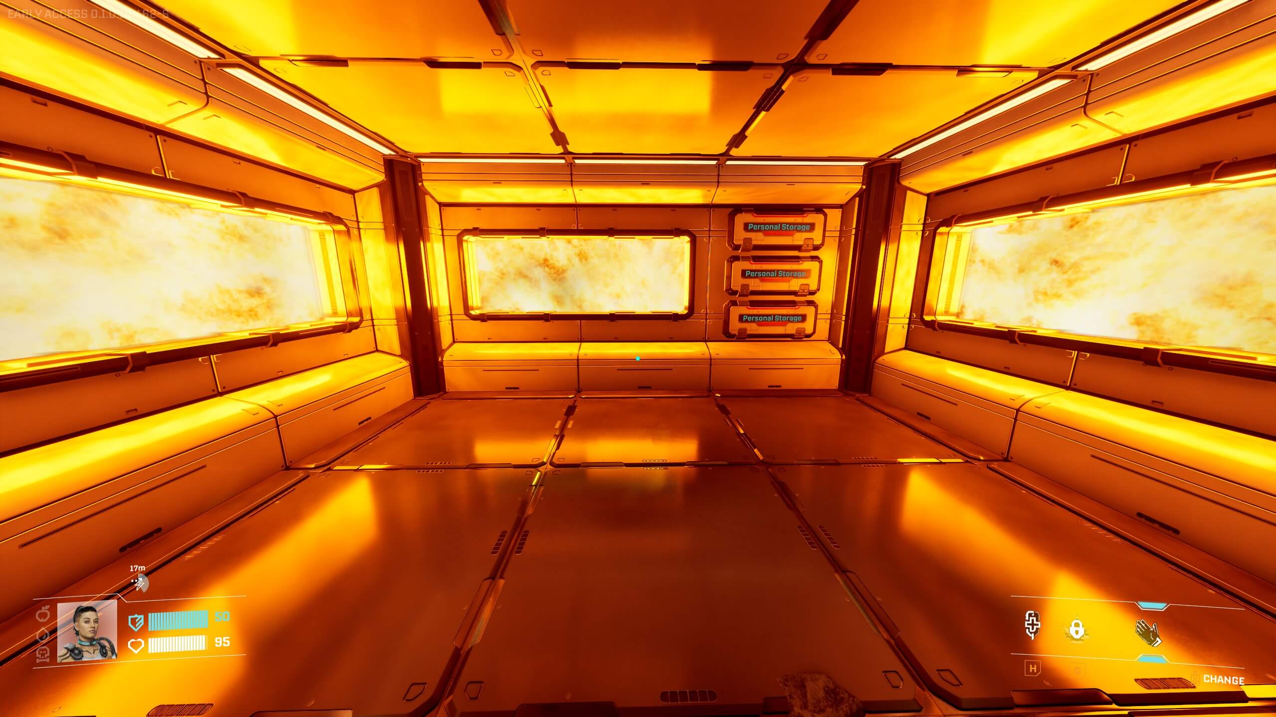 Screenshot from StarRupture. Futuristic, orange-lit room with large windows showing star-like flames, featuring various storage compartments along the walls.