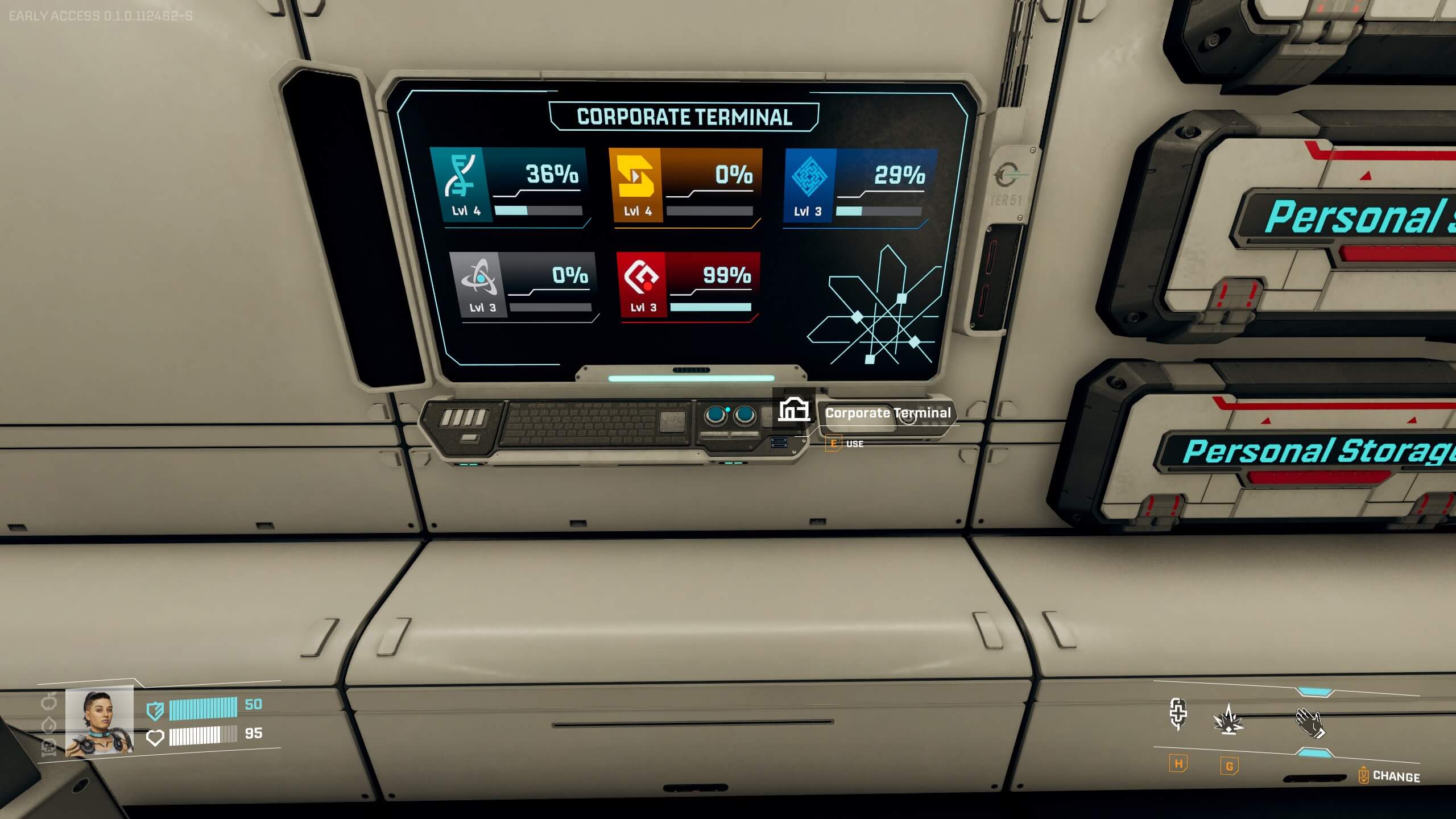 Screenshot from StarRupture. A futuristic corporate terminal displays various status levels and data indicators against a sleek, white background.