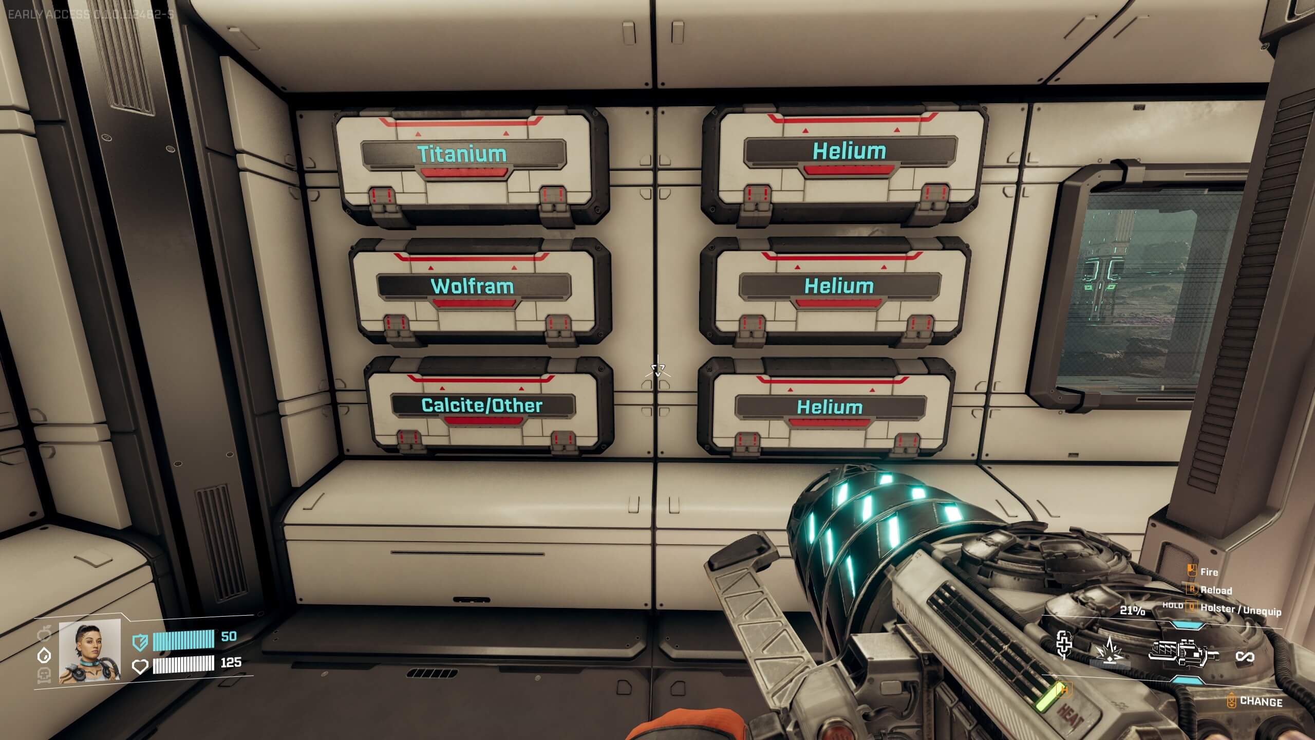 Screenshot from StarRupture. A futuristic storage wall displaying labelled containers for Titanium, Wolfram, and Helium, with a sci-fi weapon in the foreground.