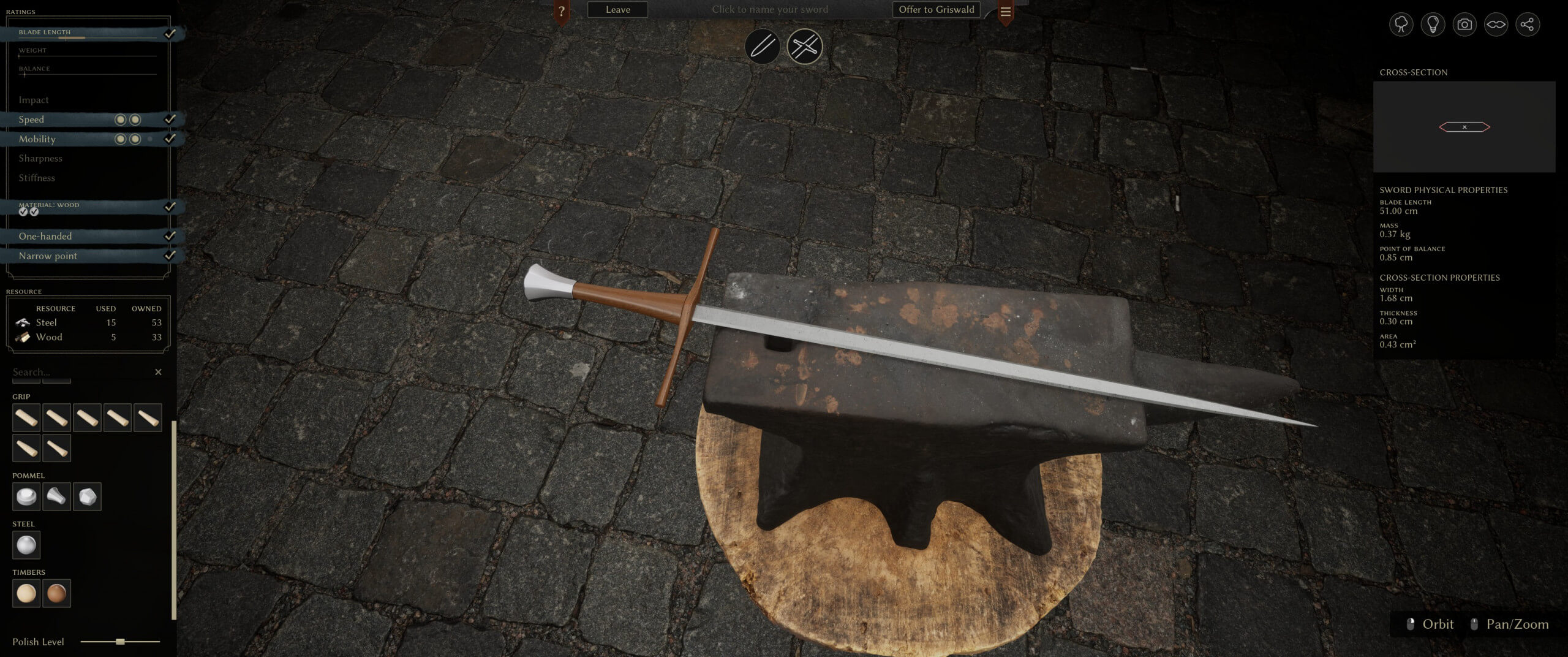 bladesong screenshot showing a completed sword on the anvil