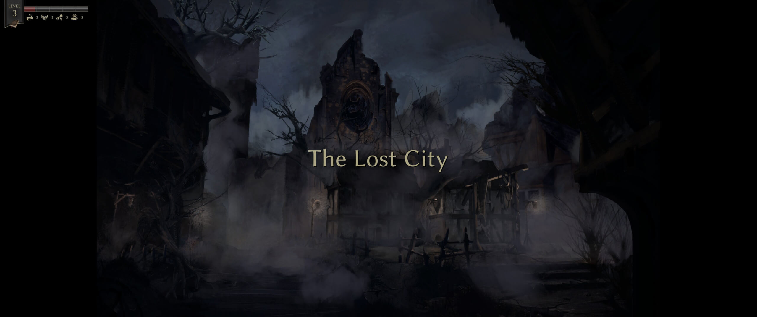 bladesong screenshot showing the lost city image with an eerie building in the background and mist all around the foreground