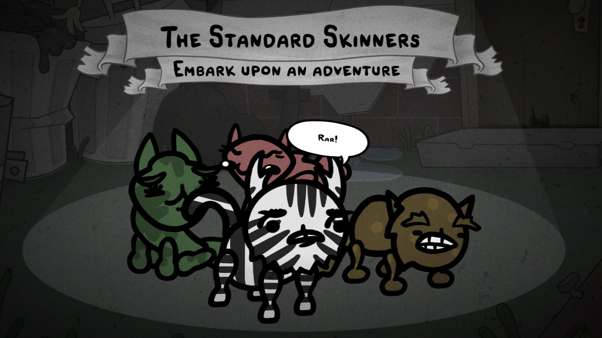 Four cats of various colours. White, brown, green, and red. They are standing in an alley with a spot-light beaming down on them. The text above is the name of the gang. It reads "The Standard Skinners"