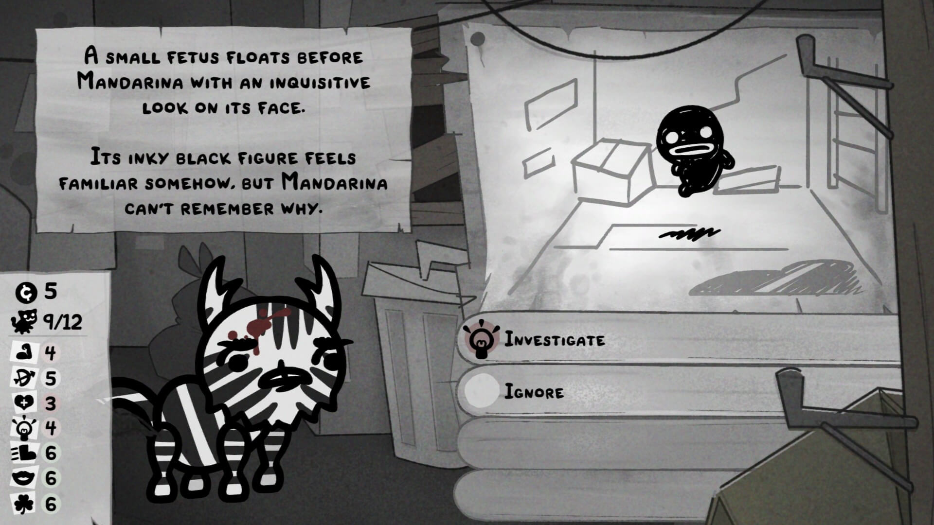 A picture of a floating black baby with white eyes. To the left is a scenario for the player to solve, by selecting one of the choices to the right. 