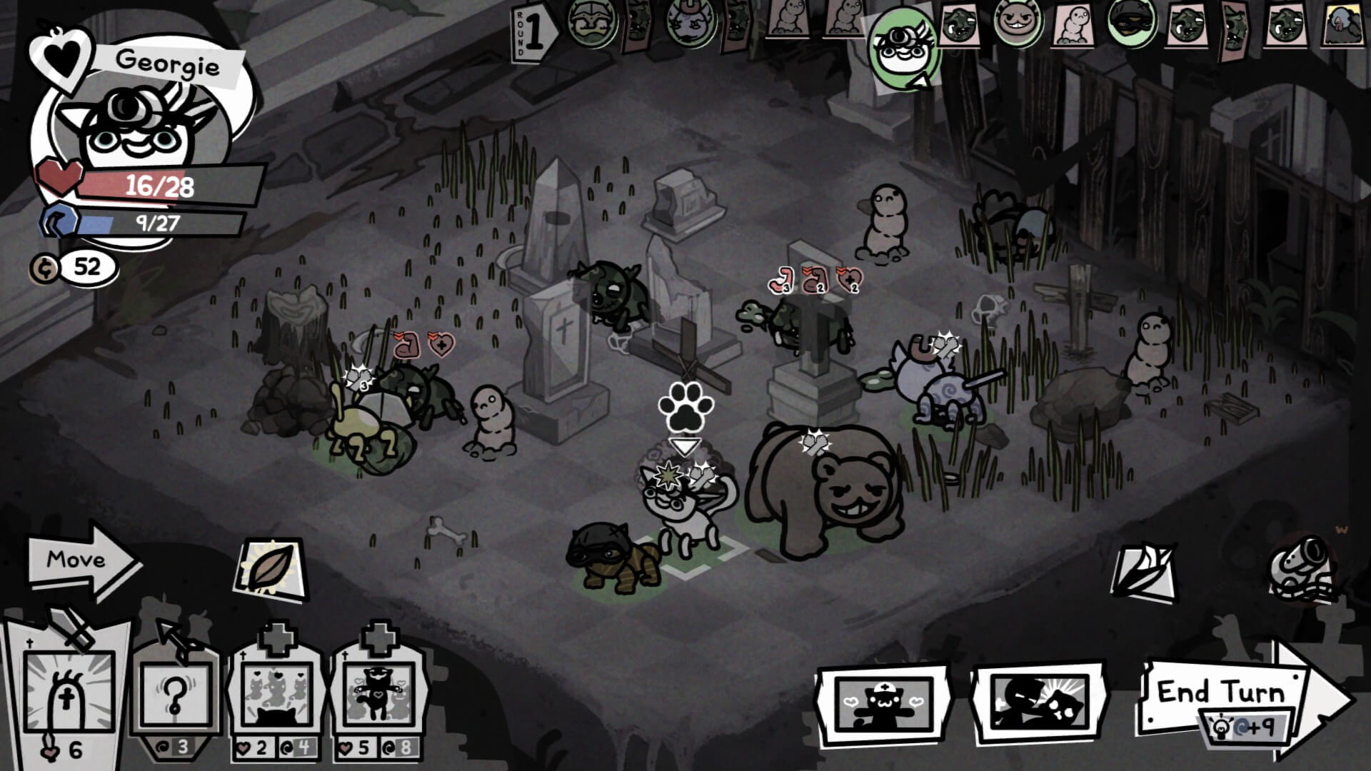 A chest-like board with various objects and character on it. Some of the more noticable ones are a bear, yellow cat, a blue cat. Around the screen are the different UI icons to help the player, such as health bar, actions, and turn counter. 