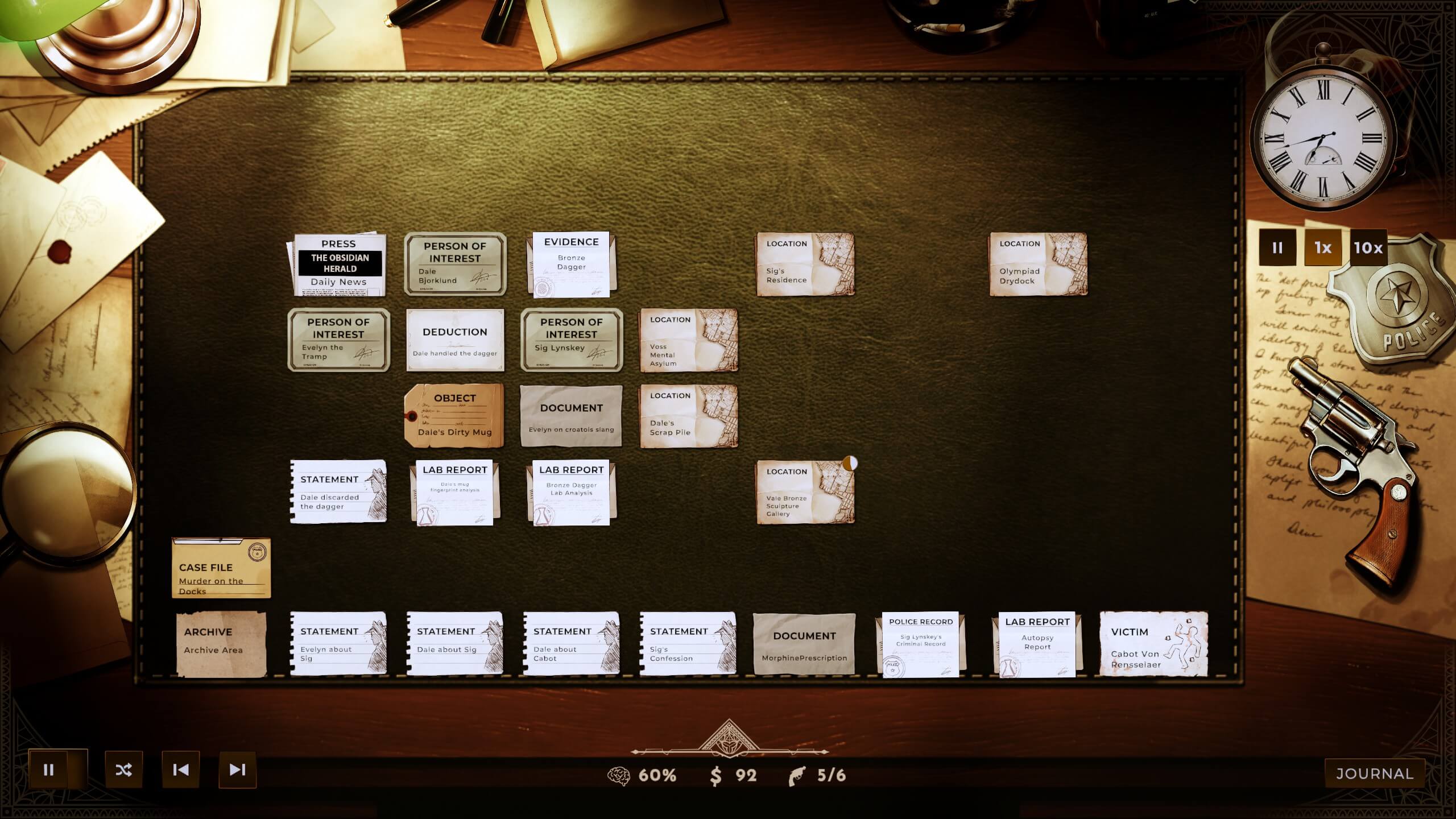 A screenshot from the game, showing your table with the case files. A lot of important files and documents are scattered around