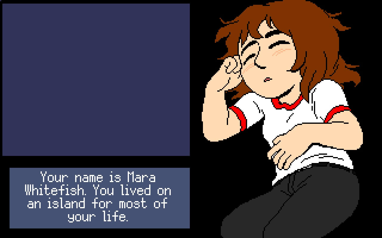 Pixel art of a person with brown hair in a white shirt and black pants resting, next to text that introduces them as Mara Whitefish, who lived on an island for most of their life.