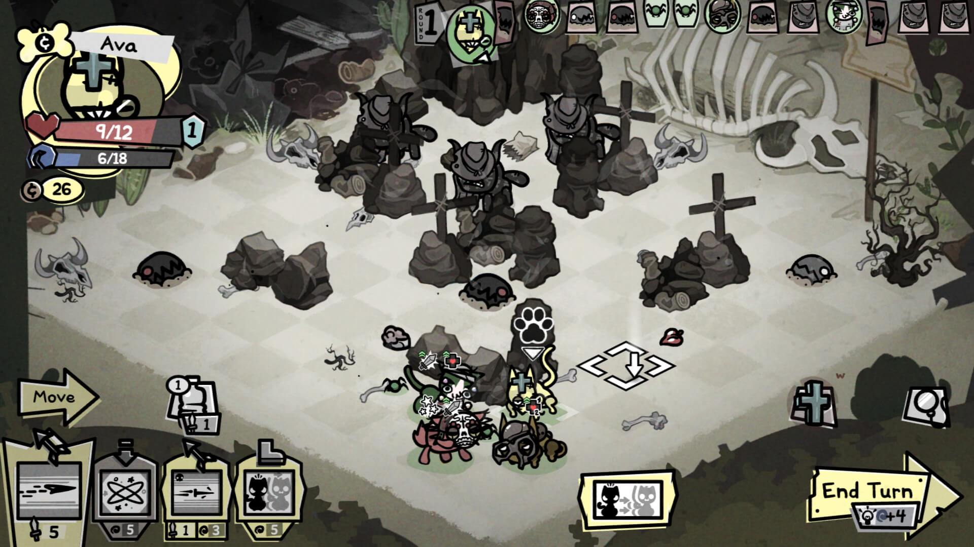 A desert level, in the theme of old-timey western. 3 black cats wearing fedoras and trench coats are at the top. While four colored cats are at the bottom. 